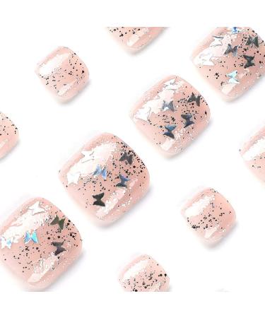 Silver Glitter Butterfly Sequins Toe Nail Press Ons - 24PCS Short Square Fake Toenails for Women | Summer Manicure Glossy Design - Style 13 - Buy Online on GoSupps.com