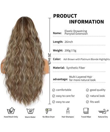 26 Inch Synthetic Ponytail Extension in Ash Brown with Platinum Blonde Highlights - Long Hair Piece for Women, Soft Natural Drawstring Ponytail Extension for Daily Use - Buy Online on GoSupps.com