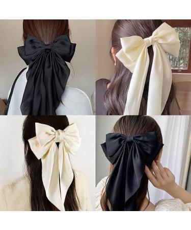 Big Bow Hair Clips 2pcs Long Tail French hair Bows for Women Girl Satin Silky Bow Hair Barrette Black Milky White Bow Up Accessories for Birthday/Party/Show/Christmas/Thanksgiving - Buy Online on GoSupps.com