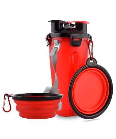 Moacc 800ml portable water bottle and feed bottle 2-in-1 drinking bottle with 2 folding bowls for dogs dog bowl foldable Wasserne bowl for camping walking hiking and training (red)