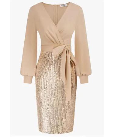 Hanxiulin Elegant Winter Dress for Women - Long-Sleeved V-Neck Cocktail & Party Dress in Beige 3XL Bodycon Style - Buy Online on GoSupps.com