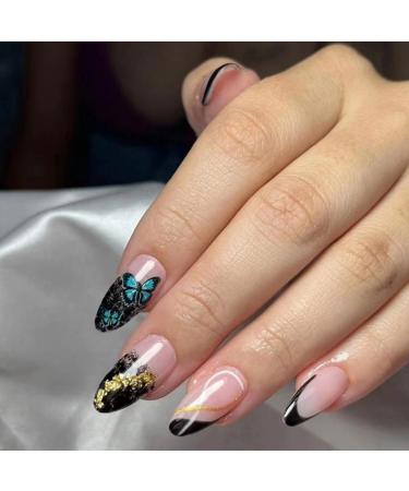 JUSTOTRY 24 Pcs Butterfly Almond Short False Nails Black Glitter French Press on Nails Pattern Fake Nails Short with Nail Glue Oval Medium Stick on Nails for Women Nails Fake Nail for Nails Art Black& glitter4
