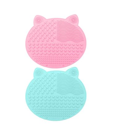 2-Pack Makeup Brush Cleaning Mat Cute Cat Animal Design Silicone Portable Brush Cleaner Pad Washing Tools with Suction Cups (Green+Pink)