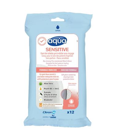 Cleansing Wipes Wash Gloves Sensitive Aqua - Medical Grade Pre-Moistened - No Water Soap Rinsing or Drying Necessary - All Skin Types - Hypoallergenic - Pack of 12 Gloves