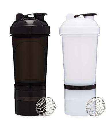 [2 Pack] 20 Ounce Shaker Bottle with Attachable Storage Compartments (White & Black - 2 Pack) | Protein Shaker Cup with Wire Whisk Balls | Attachable Container Storage for Protein or Supplements 20 Ounces - Plain White & B…