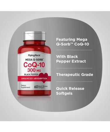 Piping Rock CoQ10 300mg Softgels - Enhanced Absorption Non-GMO Gluten Free | 60 Pills with Black Pepper | Coenzyme Q10 Supplement - Buy Online on GoSupps.com