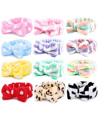 12pcs Spa Headbands  Coral Fleece Makeup Headband Cosmetic Headband  Lovely Face Washing Headband Shower Headbands Headwraps  Soft Bowknot Spa Hair Band Spa Birthday Party Supplies for Girls Women 12 Colors