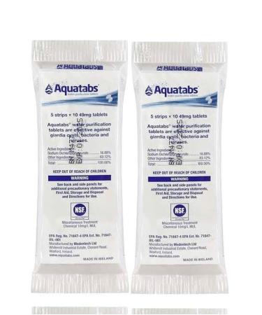 Aquatabs 100 Pack Water Purification Tablets (2 Packs of 50) Cleans up to 200 Liters, White, One Size (AQ4-01-316-2)