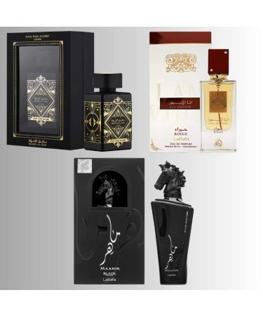 Lattafa Fakhar 3-Piece Set for Unisex (3.4 Oz Bade'e Al Oud For Glory+ 3.4 Oz Ana Abiyedh Rouge + 3.4 Oz Maahir Black Edition) collection - Buy Online on GoSupps.com