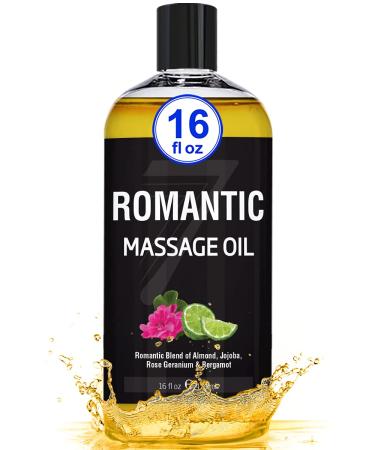 New Romantic Massage Oil for Massage Therapy & Couples Massage - Big 16oz Bottle - Massage Oil That Relaxes The Body & Mind - Sensual Blend of Almond, Jojoba, Rose Geranium, Bergamot, & Vitamin E