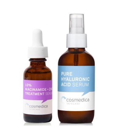 Cosmedica Skincare Niacinamide + Zinc Treatment Serum with Hyaluronic Acid 1 Oz & Pure Hyaluronic Acid Serum for Skin 4 Oz Bundle Hydrating Facial Moisturizer with Anti-Aging Skincare