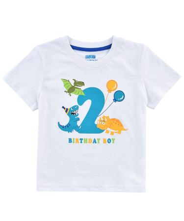WAWSAM Dinosaur 2nd Birthday Shirt Boy 2 Year Old Toddler Dino B-Day Party Tee T-Shirt Gift Printed Top 100% Cotton White Baby Tshirt Short Sleeve Gift 90 White