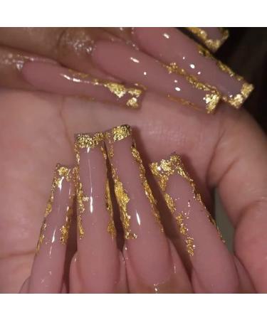 VOTACOS Press on Nails Long Coffin Fake Nails Nude False Nails with Golden Design Glossy Stick on Nails for Women 596 D2 Golden - Buy Online on GoSupps.com