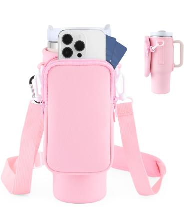 Praoahei bottle holder with bag compatible 40oz thermos can with straw and lid for Stanley Cup water bottle holder with adjustable strap suitable for hiking cycling pink