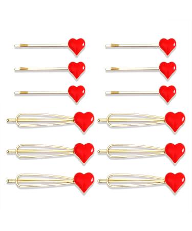 Boderier 12 Pack Valentine's Day Heart Bobby Pins Red Enamel Rhinestone Heart Hairpin Hair Slide Barrettes Styling Hair Accessories Gifts for Women Girls (Red)