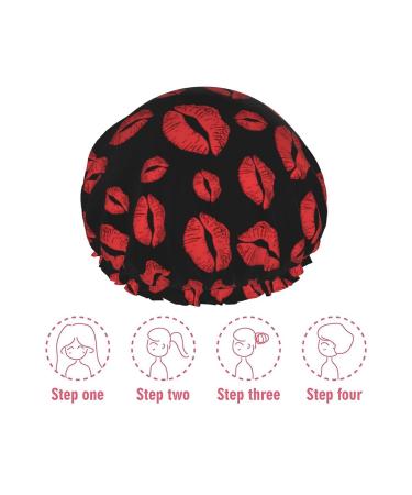 Red Lip Kiss Luxury Shower Cap - Waterproof & Reusable with Adjustable Elasticized Hem for Long Hair - Color 4 - Buy Online on GoSupps.com