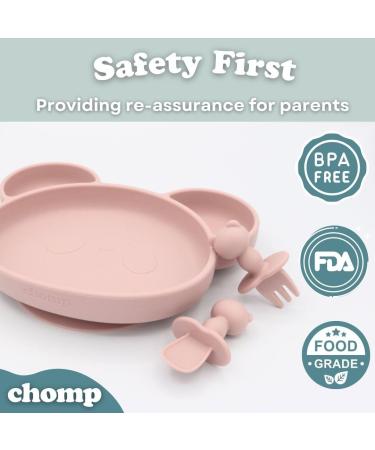 Suction Plate Baby Cutlery Set Chomp - Includes Baby Toothbrush, Weaning Set, Spoon, Fork, Suction Bowls - Rose Pink | Dishwasher Safe - Buy Online on GoSupps.com
