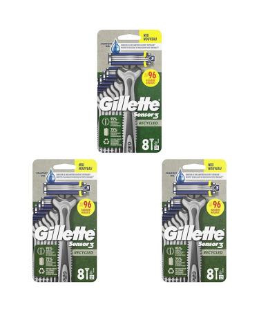Gillette Sensor3 Recycled Disposable Razors 8 triple blade razors with 95% recycled plastic in the handle (pack of 3)