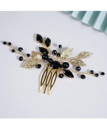 Bridal Wedding Gold Leaf Hair Comb with Black Rhinestones - Crystal Bride Hair Accessories - Buy Online on GoSupps.com