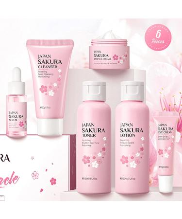 6-Step Sakura Skin Care Gift Set for Women - Vegan & Cruelty-Free - Ideal Gifts for Teenage Girls - Cleanser, Toner, Lotion, Serum, Eye Serum, Essence Serum (6PCS) - Buy Online on GoSupps.com