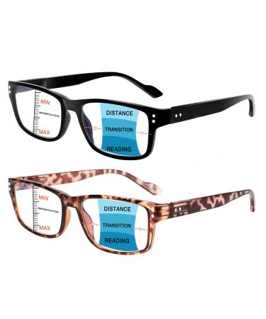 CLASAGA 2 Pack Progressive Multifocus Reading Glasses for Women Men with Spring Hinge Blue Light Blocking Multifocal Readers Black/Tortoise 2.25 x