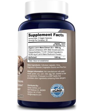 NusaPure Lions Mane Extract 20,000mg - Organic with Bioperine - 30% Polysaccharides - 120 Veggie Caps - Non-GMO & Gluten Free - Buy Online on GoSupps.com