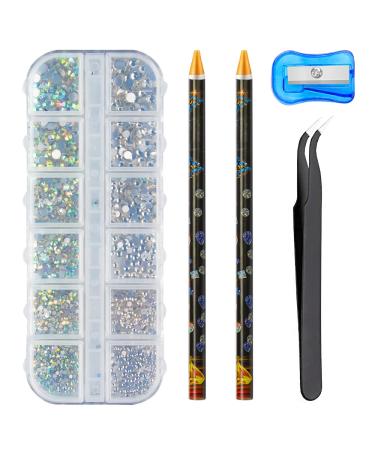 Subay Crystals AB Nail Art Rhinestones Decorations Nail Stones for Nail Art Supplies and Clear Crystal Rhinestones with Pick Up Tweezer and Rhinestone Picker Dotting Pen