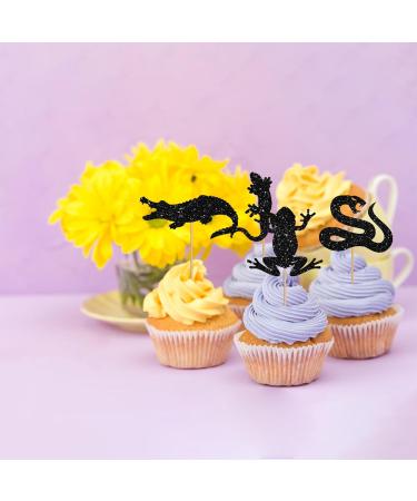 24Pcs Reptile Animals Cupcake Toppers Black Glitter Snake Crocodile Cake Decor Reptile Animals Cake Decorations for Baby Shower Reptile Pet Themed Birthday/Rainforest Party Decoration - Buy Online on GoSupps.com