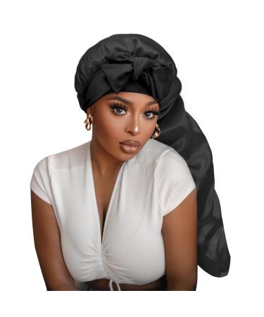 Satin Silk Bonnet Hair Cap: Long Bonnets with Elastic Tie Band Adjustable Straps Jumbo Size Sleep for Sleeping Comfortable - Stretchy Tie Band Bonnets for Women Long Braid Curly Hair No Slip-Off Black