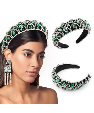 Grathia Rhinestone Headbands Girls Crystal Padded Headband Gorgeous Wide Jewelled Hair Hoop Non-slip Handmade Velvet Hairband Fashion Bling Hair Accessories for Women Party Wedding Women Gifts (Green)