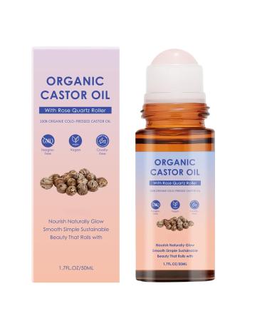 IFSLQNX Organic Castor Oil Roll-On with Rose Quartz Roller Castor Oil for Face Firms Smooths Skin Reduces Fine Lines Brightens Eyes Suitable for Face Neck Abdomen 50ml/1.7oz (1PCS)