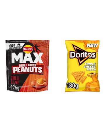 Walkers Max Strong Double Coated Peanuts Chilli & Lime 175g and Doritos Triple Cheese Pizza 180g + Triple Cheese Pizza 180g