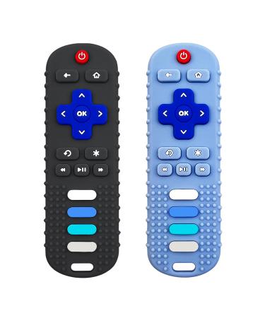ERSIHUA 2-Pack Silicone Baby Teething Toys TV Remote Teethers for 6-12-18 Months Infant Fire Remote Shape Toddlers Silicone Teethers for Boys and Girls Sensory Toy(Black+Blue) Teether-Black+Blue