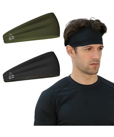 Temple Tape Headbands for Men and Women - Mens Sweatband & Sports Headband Moisture Wicking Workout Sweatbands for Running, Cross Training, Yoga and Bike Helmet Friendly 2-PACK 1-BLACK & 1-OD GREEN