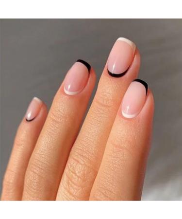 24pcs French Tip False Nails Short Stick on Nails Square Press on Nails Removable Glue-on Nails Fake Nails Acrylic Full Cover Nails Women Girls Nail Art Accessories (Black Edge) 0205Y56