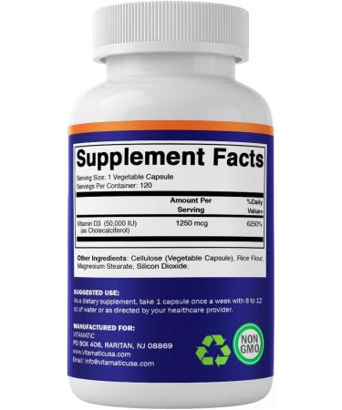 Vitamatic Vitamin D3 50 000 IU (as Cholecalciferol) Once Weekly Dose 1250 mcg 120 Veggie Capsules Progressive Formula Helping Vitamin D Deficiencies - Buy Online on GoSupps.com