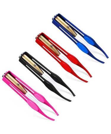spier Tweezers with Light 4 Pieces Stainless Steel Makeup LED Light Eyelash Eyebrow Hair Removal Illuminated Tweezers