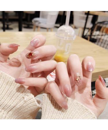 Sethexy Pink Sparkle Gradient Oval Medium Fake Nails - 24 Piece Acrylic Nail Tips & Ruby Earrings | International Shipping Available - Buy Online on GoSupps.com