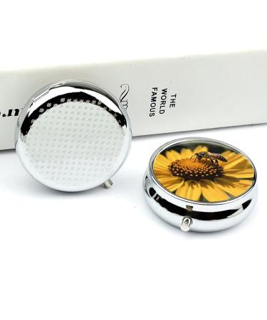Round Yellow Flower Pill Box with Black Bee | 3 Compartment Decorative Metal Organizer | Portable Pocket Pill Case - Buy Online on GoSupps.com