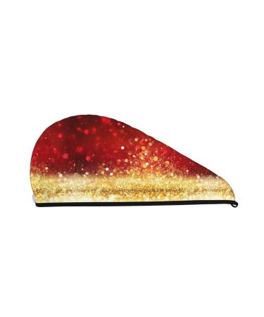 Hair Towel Wrap Hair Drying Towel with Button Towel Turban Head Towel to Dry Hair Quickly (Red Gold Glitter)