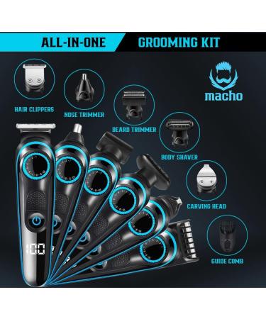 MACHO 5 in 1 Grooming Kit - Cordless Hair & Beard Trimmer Body Clipper Ear & Nose Trimmer Electric Razor with LED Display - Rechargeable Groomer in Black & Blue | International Shipping Available - Buy Online on GoSupps.com