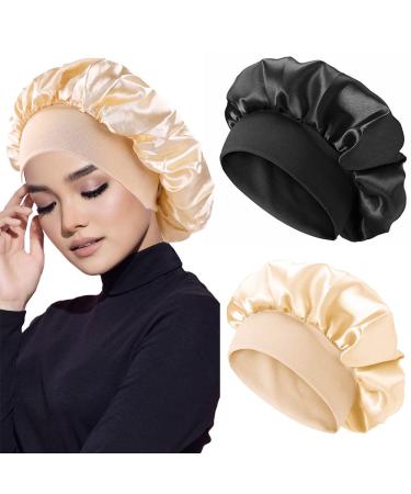 AliLeader Silk Hair Wrap for Sleeping 2Pcs Soft Silk Bonnet for Sleeping Colorful Satin Bonnet Sleep Cap for Curly Hair Hair Bonnet for Sleeping Bonnets for Black Hair (Black+Champagne) - Buy Online on GoSupps.com