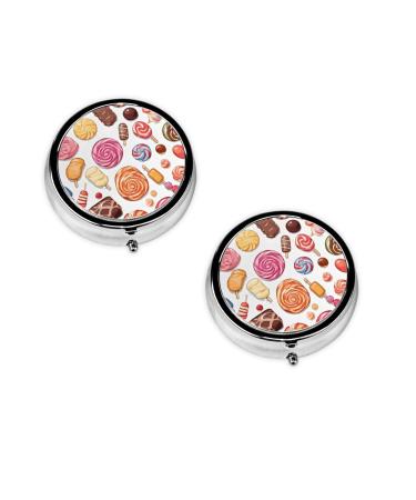 (Colorful Sweet Lollipop Cupcake Donut) Round Pill Box 3 Compartment Pill Box Mini Decorative Pocket Purse Portable Travel Medicine Tablet Vitamin Holder Organizer Pill Case