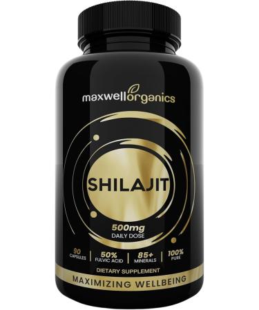 Maxwell Organics Shilajit Capsules - Gold Standard Pure Shilajit for Energy Brain Health Anti-Aging Libido & Stress Relief - 80+ Minerals - for Men & Women (90 Capsules)