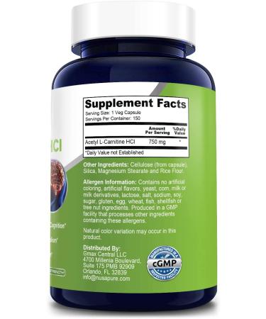 High Potency Acetyl L-Carnitine HCL 750mg - 150 Veggie Capsules | Non-GMO & Gluten Free ALCAR Supplement - Buy Online on GoSupps.com