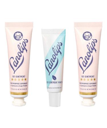 Lanolips 101 + 1 Bundle - 3-Piece Lanolin Skin and Lip Hydration Set for Dry Cracked Skin and Chapped Lips - Includes Original 101 Ointment Superbalm (2x) & 101 Ointment Multi-Balm Minty (1x)