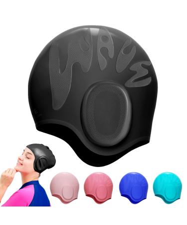 Silicone bathing cap with 3D ear protection bathing cap swimming cap for women and men elastic swimming cap bathing cap with a reinforced edge soft and hard-wearing swimming cap black