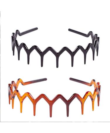 2pcs YAFIYG Zigzag Headband Plastic Wavy Tooth Sharks Tooth Hair Comb Headband for Women's Girls Men Hair Accessory(1 Black Color+1 brown)