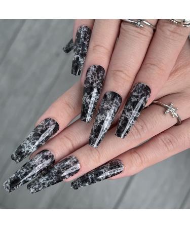 Sethexy long ballerina false fingernail inkmash false nails shiny multicolored Multi -colored press nails 24st art nail tips for women and girls (pitch black)