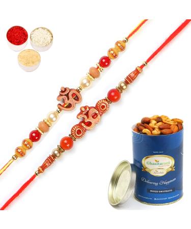 Ghasitaram Gifts Rakhi for Brother Rakhis Online - Set of 2 5504 6037 Om Rakhi Threads with 100 GMS of Dryfruits Mix Can